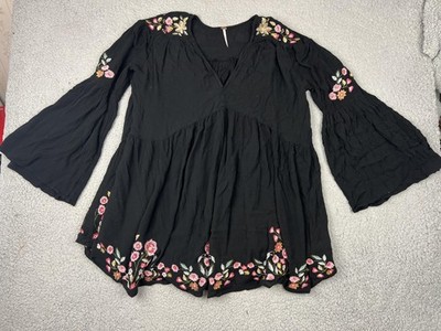 Free People Dress Womens Medium Black Embroidered Floral Boho Swing Bell Sleeve