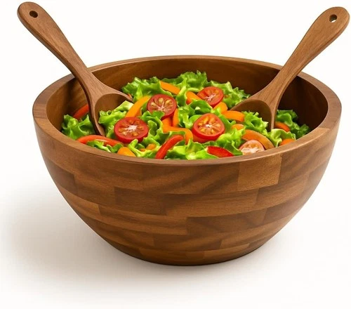Wooden Salad Serving Bowl Set With Utensils, Large 12.5 Inch Acacia Wood,