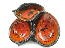 Vintage California Pottery Modern Ceramic Tray Relish Dish Orange Black Crackle