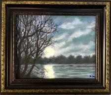 FULL MOON ACROSS the RIVER - original framed oil skyscape by K. McDermott