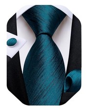 Mens Tie Set Silk Solid Paisley Necktie and Pocket Square Cufflinks Dark Teal