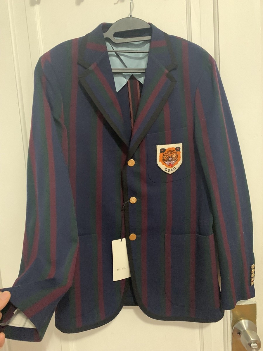 Gucci Mens Blue Green Burgundy Striped Tiger Patch Blazer Jacket