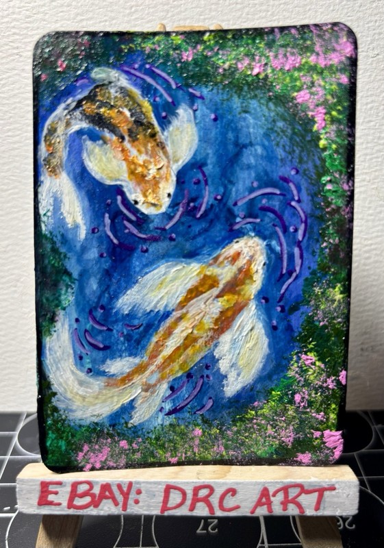 aceo gouache koi fish original painting 2.5” x 3.5” COA, DRC Art