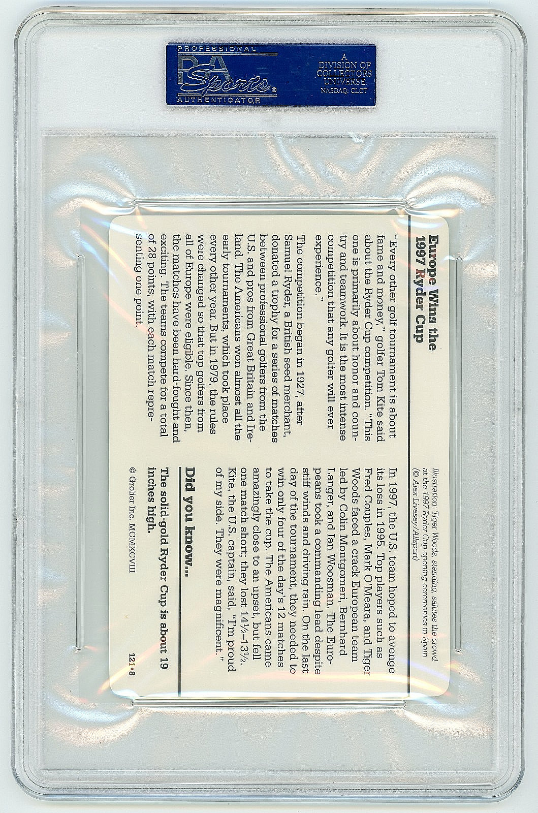 1998 Grolier Inc. Europe Wins Ryder Cup Tiger Woods RC PSA 9 Mint Low POP view 2