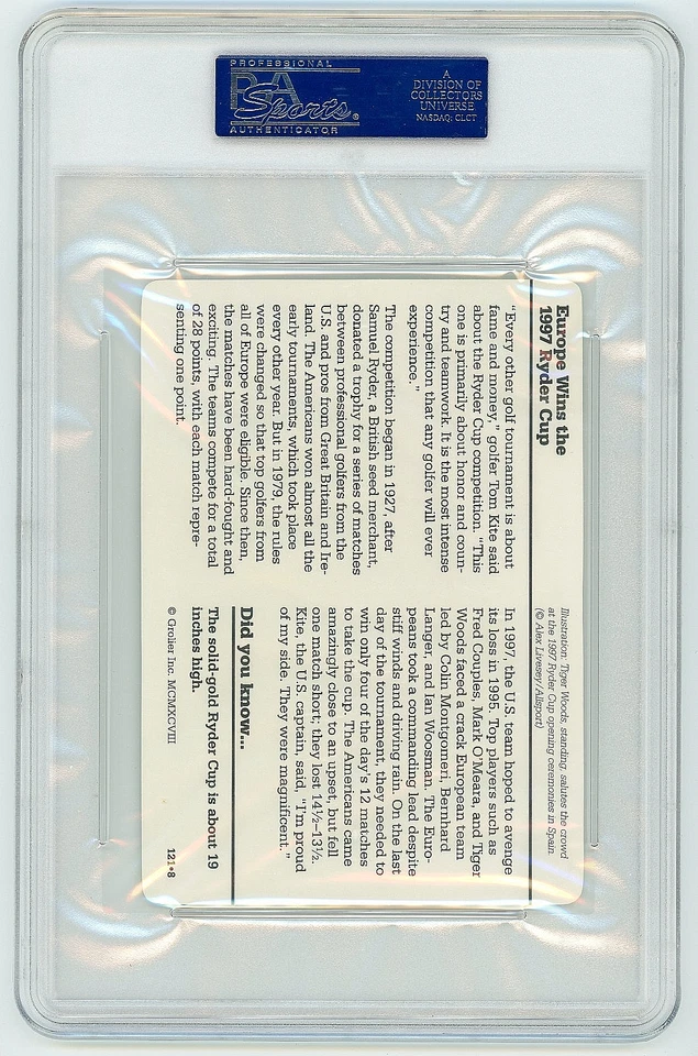 1998 Grolier Inc. Europe Wins Ryder Cup Tiger Woods RC PSA 9 Mint Low POP - Image 2 of 3