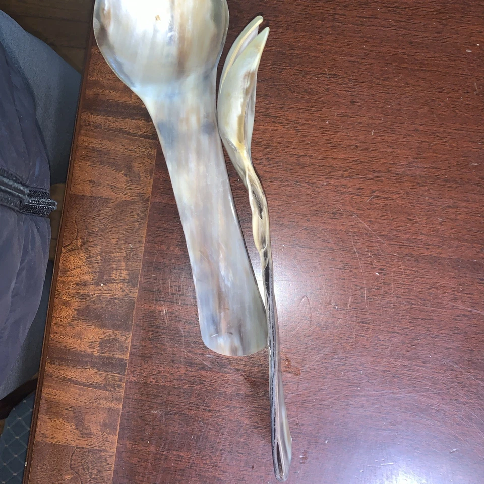 Rare Vintage Carved Horn Serving Spoon and Fork 11 inch long. Unique  - Image 4 of 4