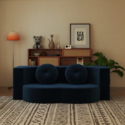 Modern Floor Sofa with 2 Pillows,Convertible Plush Corduroy Foam-Filled Sleepe