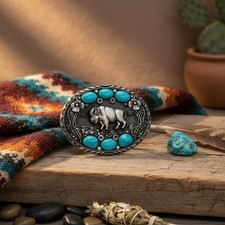 New Men Western Belt Buckle Silver Metal Cowboy Bison Buffalo Ox Bling Turquoise