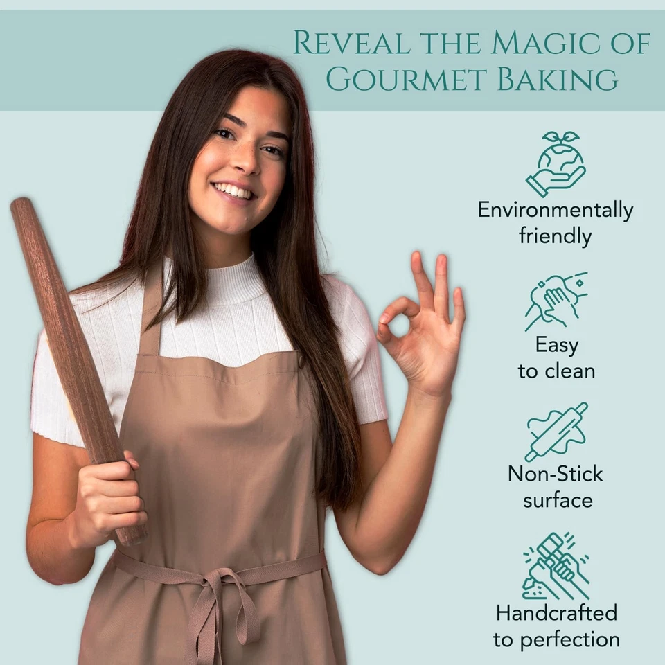 Mahogany French Rolling Pin | Non-Stick Kitchen Tool | Tapered Solid Wood Des... - Image 3 of 4