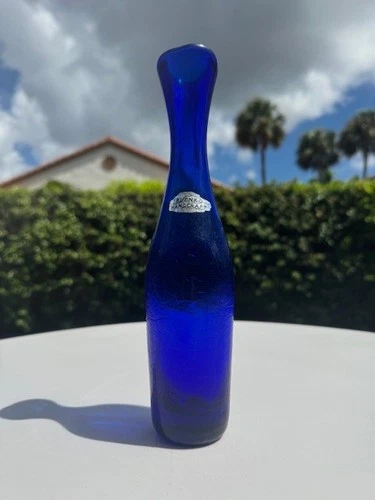 Blenko Crackle Glass 64B in Sapphire Blue Vase Original Vintage Foil Label-10"