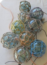 Japanese Glass Fishing FLOATS 3-3.5" Netted LOT-9 Net Buoy Antique USA BZ