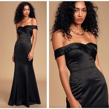 LULUS Adored Forever Black Satin Off-the-Shoulder Maxi Dress {PP36}