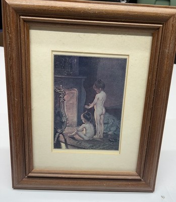 Vintage Bessie Pease Gutmann ''By the Fireplace'' Framed Print 12x10 Nursery Art