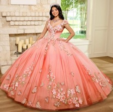 Pink Princess Quinceanera Dresses Lace 3D Flowers Sequins Ball Gowns Sweet 15 16