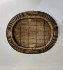 Vintage MCM Crespi Style Boho Coiled Pencil Reed Oval Tray Rattan Bamboo Basket