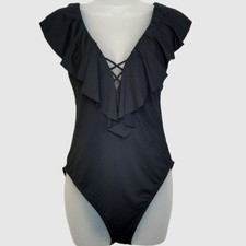 La Blanca Island Goddess Ruffle Plunge One Piece Swimsuit Black Size 12