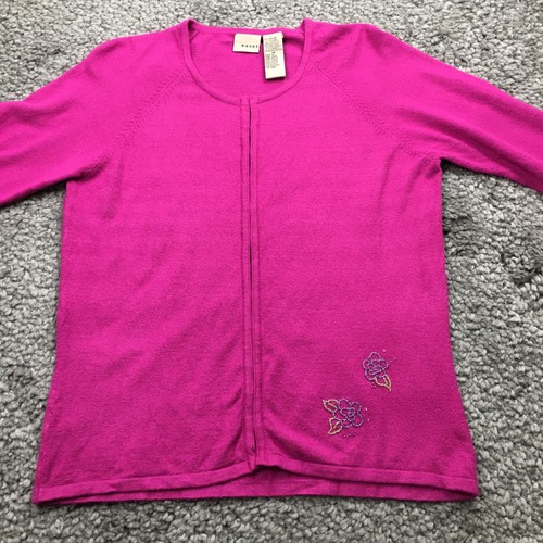 VTG Easel Womens Cardigan Sz M Fuschia Floral Beaded Hook & Eye Long Sleeve - Picture 10 of 11