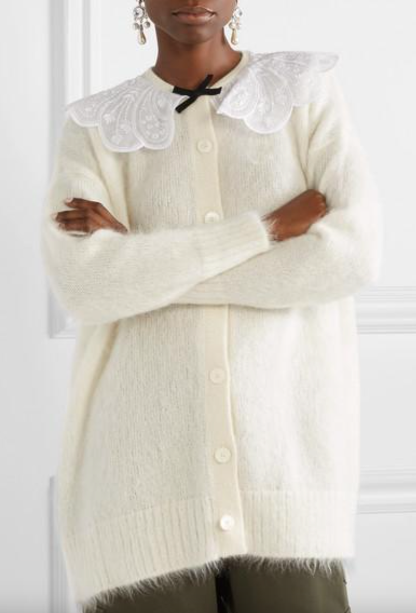 Miu Miu Ivory White Lace Collar Preppy Mohair Long Oversized Miu Miu Ivory White Lace Collar Preppy Mohair Long Oversized