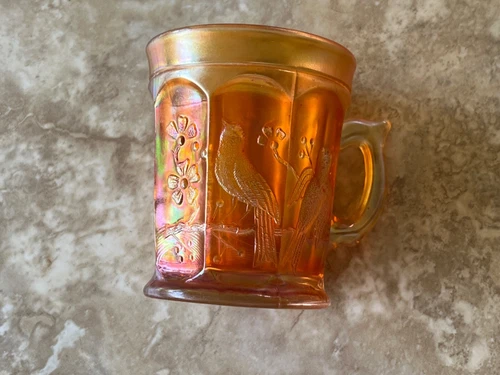 Singing Birds Marigold Carnival Glass Mug Northwood