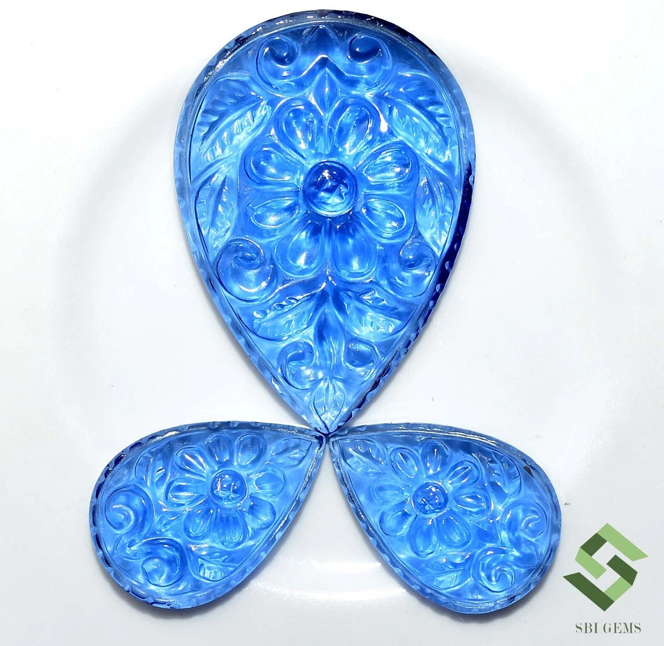 Sapphire Color Nano Handmade Carving 3 Pcs Set 32x23 mm & 20x13 mm Loose Gems - Image 4 of 4