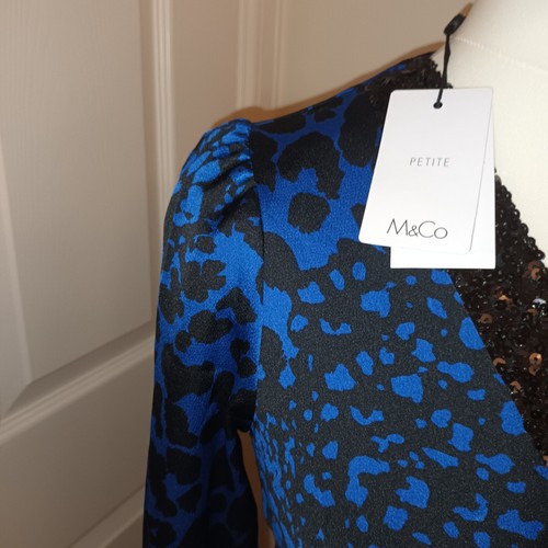M&Co Size 10 Petite Midi Dress Blue Satin Animal Print Cruise Going Out *New* - Picture 4 of 15