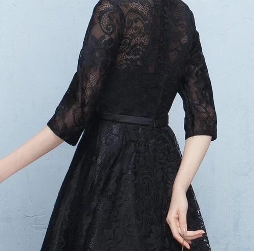 Chinesischer Stil Spitze Blumen Langarm schwarz Kleider Damen formell Cocktailkleid - Bild 12 von 17