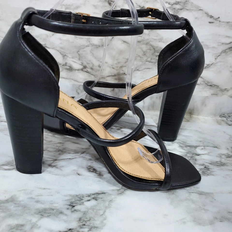 Sandalias Liliana para mujer 8,5 cuero negro correa al tobillo zapatos de tacón grueso Foto 4 de 4