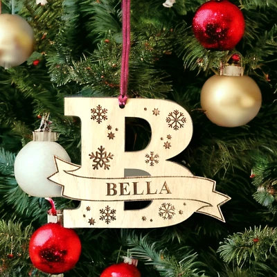 FANCY CRAFTS UK Personalised Monogram Christmas Bauble A-Z Letters Hanging Tree Wooden Name