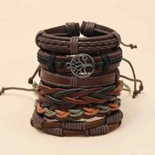 6pcs Men's Trendy Adjustable Bracelet Set Leather Tree Of Life Unique Styles