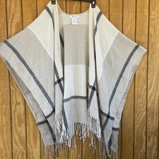 Three Dots Cashmere Wool Blend Poncho Wrap Shawl Cape Open Front Plaid Fringe OS