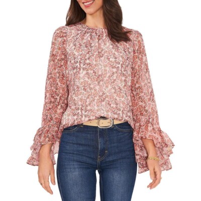 Vince Camuto Women's Floral Print Ruffled Sleeve Top Pink XXS B4HP $99