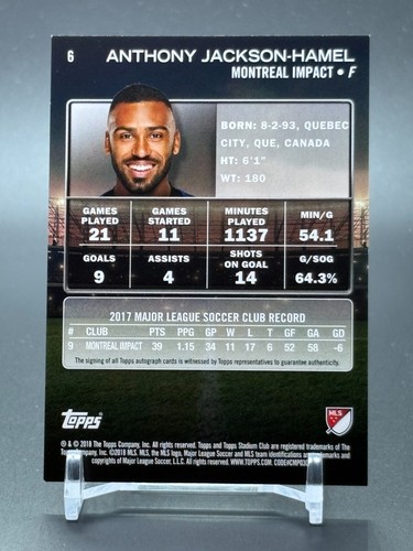 2018 Topps Stadium Club MLS #6 Anthony Jackson-Hamel Chicago Fire Autogramm - Bild 2 von 2
