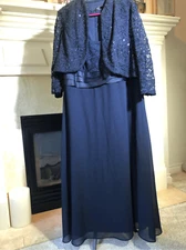 R&M Richards Women’s Navy Blue Elegant Lace Two Piece Long Tank Dress and Cardig