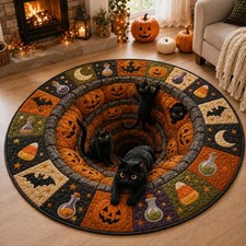 3D Halloween Black Cat Round Rug, Spooky Optical Illusion Carpet, Pumpkin Vortex