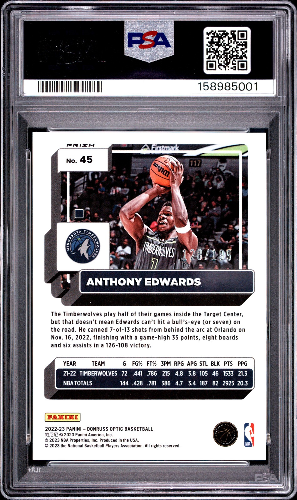 2022 PANINI DONRUSS OPTIC ORANGE #45 ANTHONY EDWARDS 128/199 PSA 9 view 2