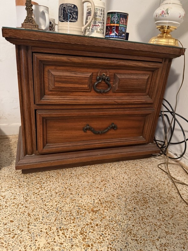 Brown Wood Nightstand Bedside Table, 2 Drawers, Glass Top, Metal Pulls