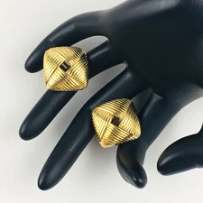 Clip On Earrings Square Shiny Gold Tone Cross Hatch Weave Pattern Vintage