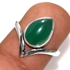 925 Silver Plated Pretty Pear Green Onyx Ring US 8 Trending Gift Trendy GW