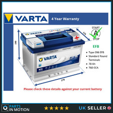EFB Car Battery N70 Varta 096 EFB 760A 70Ah 4Yr Warranty 278x175x190 Start Stop