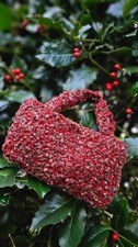 Handmade Crochet Top Handle Bag Red Taupe Blend Cozy Elegant