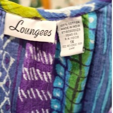 Loungees 100 Percent Cotton Blue Purple Green Print batik mumu dress new 1X PLUS
