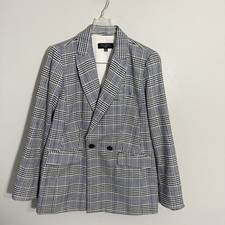 Talbots 8 Petite Double Breasted Plaid Blazer Gray Blue Black Preppy Career