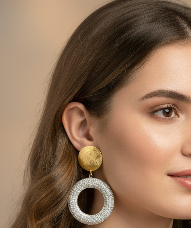 Gold Double Circle Hoop Earrings Simulated Diamon… - image 2