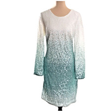 Women Sequin Dress Ombre Green White Long Sleeve Party Holiday Size 10 Evening