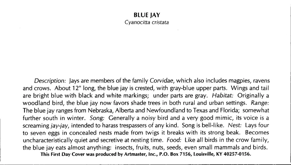 UNITED STATES 1996 CACHET FDC COVER COMM BLUE JAY BIRDS CANC ST LOUIS MO - Image 2 of 2