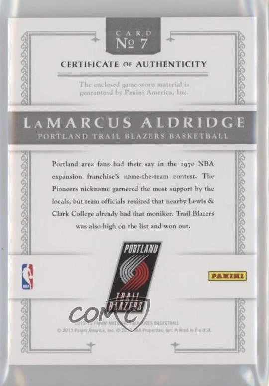 2012 National Treasures Timeline Custom Team Nicknames /99 LaMarcus Aldridge #7 - Image 2 of 2