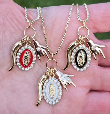 Gold Italian Horn Virgin Mary Necklace Mano Cornuto Charm Protection Jewelry