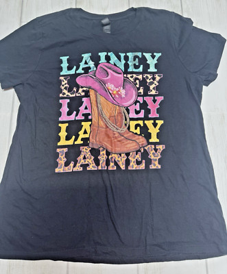 Lainey Western Cow Girl T shirt Tee Womens size large Black boot hat