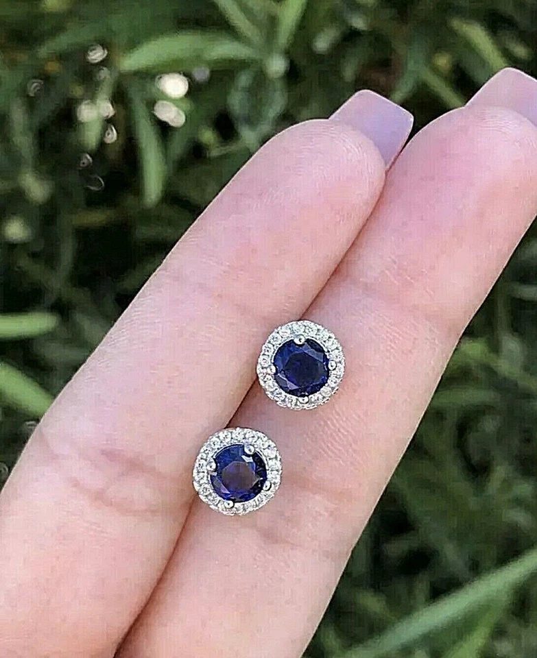 4 Ct Round Lab Created Blue & White Sapphire Halo Stud Earrings 14K White Gold - Image 4 of 4