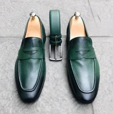 Handmade Green Leather Moccasins Shoes, Slip Ons Business Shoes, Dress Shoe